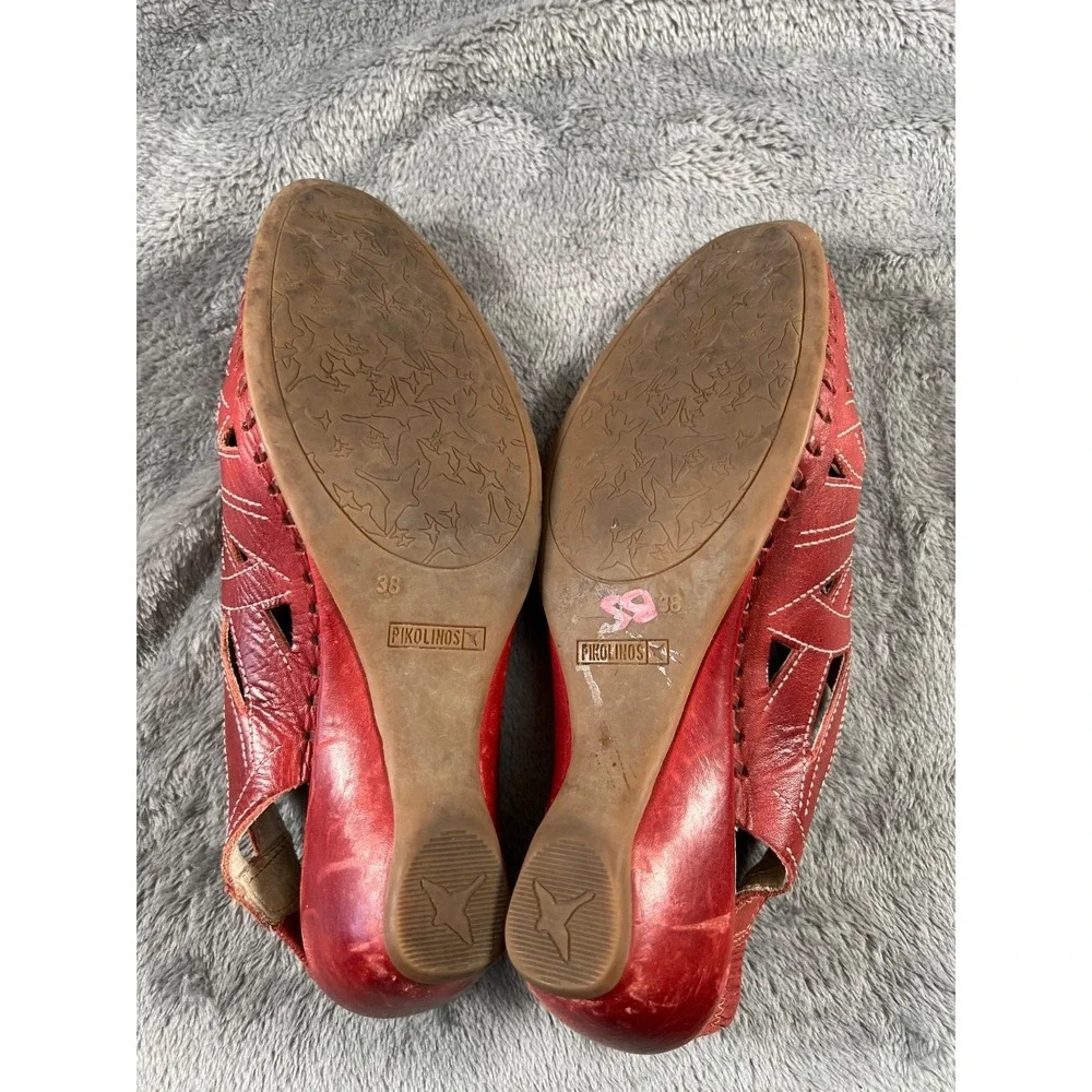 Pikolinos Cutout Wedge Sandals US 7.5 EU 38  Red Leather Boho Lagenlook Comfort